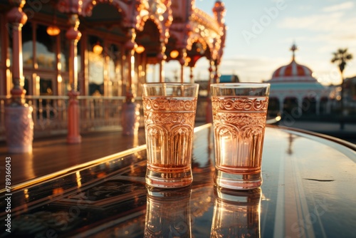 Color-strand soda glass in a theme park with carousel and roller coaster., generative IA photo