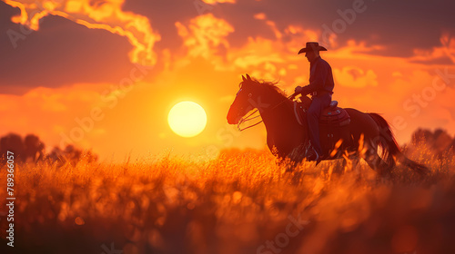 cowboy on a horse in the field rides against the background of the sunset. breathtaking landscape wallpaper  © AY AGENCY