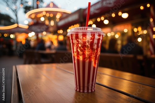 Soda cup with striped straw, in a themed park in the afternoon with lighted giant wheel., generative IA