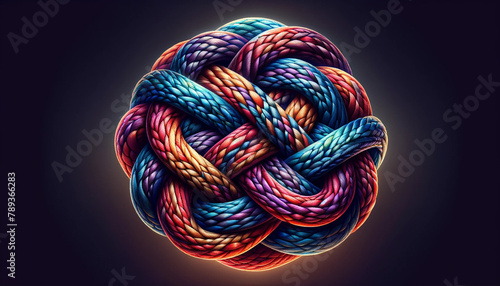 digital illustration depicting a detailed complex knot made with multi colored braided ropes