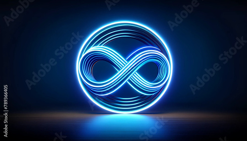 neon symbol in the shape of an abstract infinite loop sign glowing in a vibrant blue color against a dark background