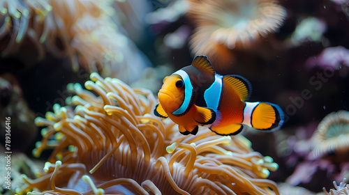 Vibrant anemonefish gracefully swimming among colorful corals in a saltwater aquarium display 4K Wallpaper