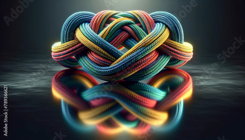sequence of multi colored ropes forming an overhand knot on a reflective surface