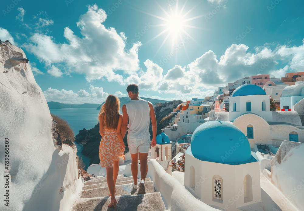 Young couple in love walking along the stairs of Oia, Santorini island with blue domes and white church buildings on Greek volcano landscape - obrazy, fototapety, plakaty 