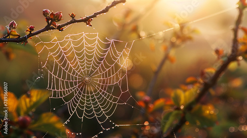 A cobweb glistens with dewdrops in the dim light of dawn.