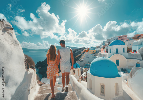 Young couple in love walking along the stairs of Oia, Santorini island with blue domes and white church buildings on Greek volcano landscape photo