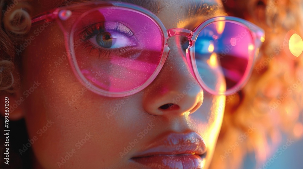 A woman with pink glasses and a pink nose, a Colorful glasses A woman with pink glasses and a pink nose, a Colorful glasses