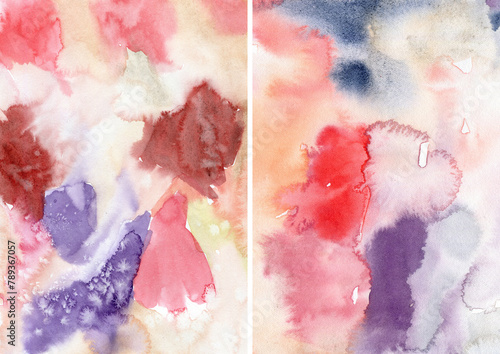 Watercolor abstract textures of violet, red, pink, blue and white spots. Hand painted pastel illustration isolated on white background. For design, print, fabric or background.