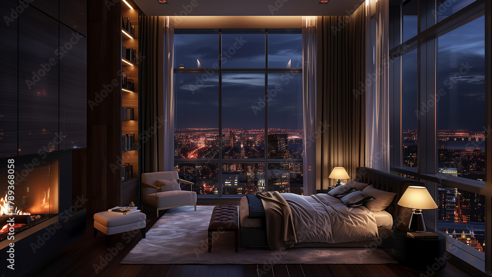 Urban Night: Dark Penthouse Bedroom with City View