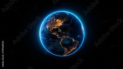 Illuminated Earth from space showcasing city lights on the night side with a glowing atmosphere edge, on a starry background.