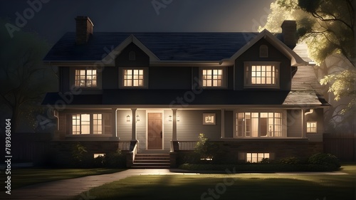  A photorealistic image of a house illuminated by a spotlight. The spotlight creates a dramatic effect by highlighting specific areas of the house, casting shadows, and enhancing textures.