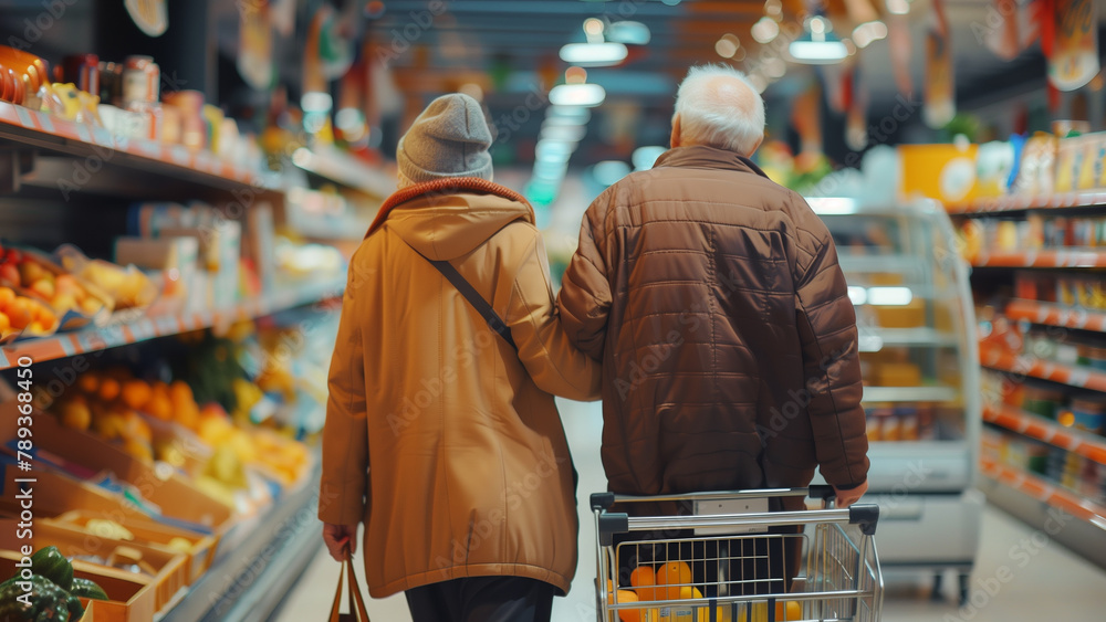Together in Style: Neatly Dressed Elderly Couple at the Supermarket