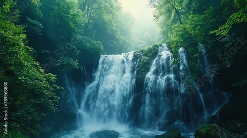 A minimalist shot of a cascading waterfall amidst lush greenery, showcasing the natural beauty of the Swiss landscape.
