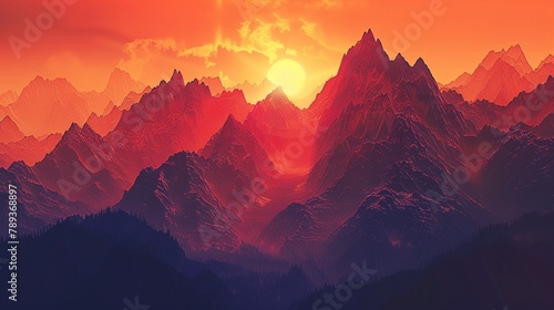 A dramatic panorama of a rugged mountain range at dusk  with jagged peaks silhouetted against the fiery hues of the setting sun.