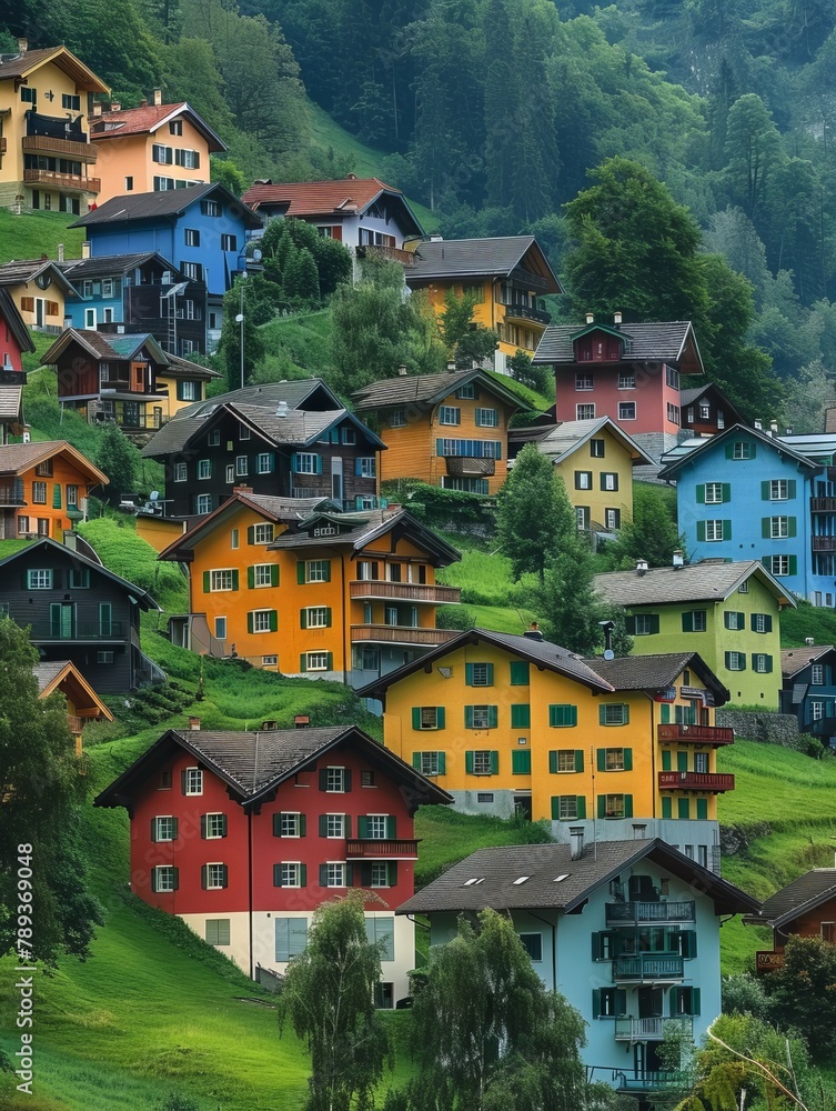 A cluster of colorful buildings against a backdrop of green hills, exuding charm and tranquility.
