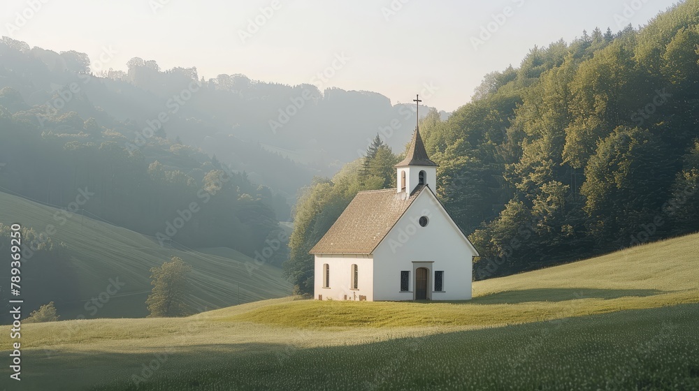 A simple white church against a backdrop of rolling hills, representing traditional Swiss design and craftsmanship.