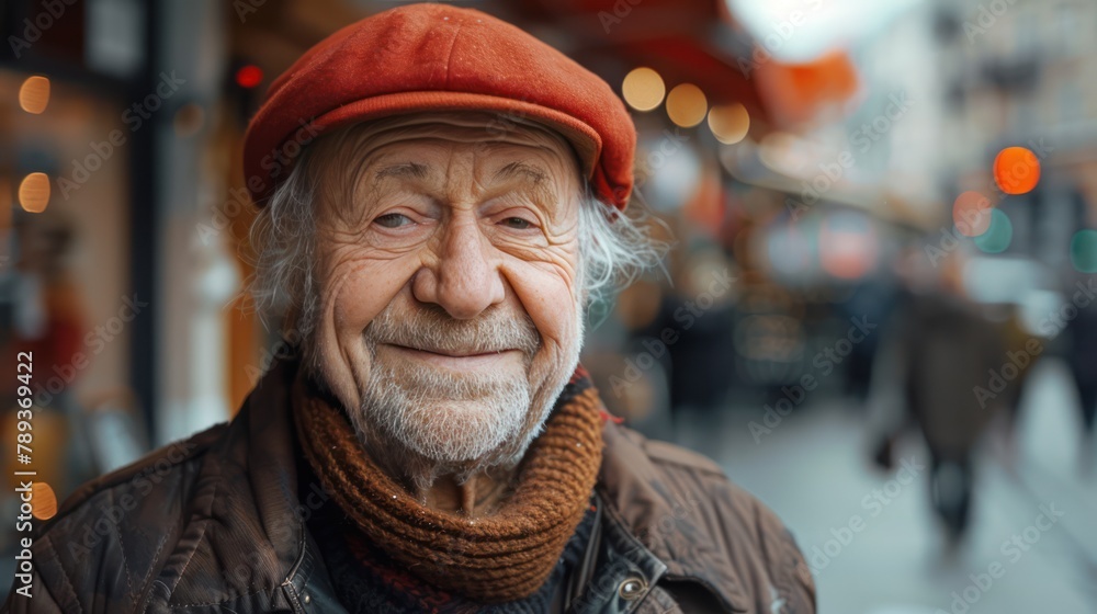 Cheerful Elderly Man in Red Cap Smiling on City Street