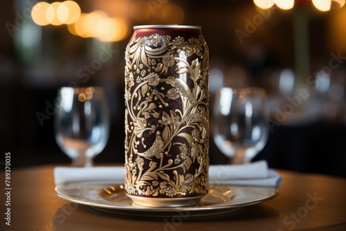 Modern -design soda can, in an elegant restaurant with tuxedo waiters., generative IA