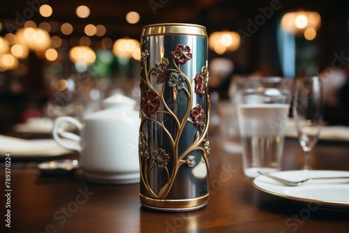 Modern -design soda can in a sophisticated restaurant with elegant waiters., generative IA
