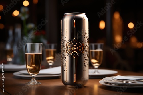 Modern design soda can, in a sophisticated restaurant with tasting menu and tuxedo waiters., generative IA photo