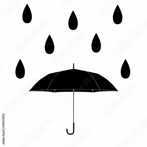 雨と傘の白黒シルエットイラスト