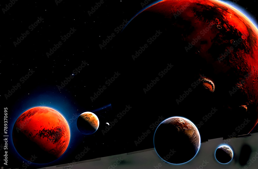 Generative Ai illustration of red planet in outer space of solar system. Terraforming of futuristic planet. Elements of fabulous fantastic concept. Cartoon illustration. Copy ad text space - obrazy, fototapety, plakaty 