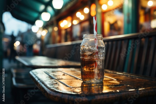 Plastic bottle soda on the bench of an amusement park., generative IA photo