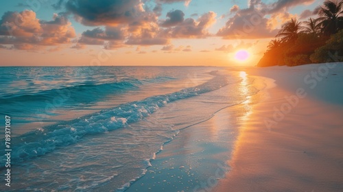 Maldives Dream Honeymoon: Sunrise Beach with Dreamlike Shoreline for Summer Background © hisilly