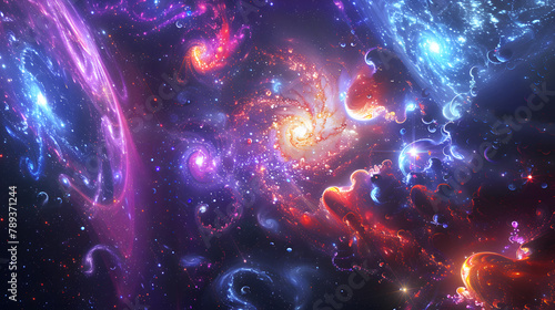 Vibrant Bursts Of Neon Colors Dancing In A Cosmic Symphony Against A Backdrop Of Swirling Galaxies And Celestial Bodies