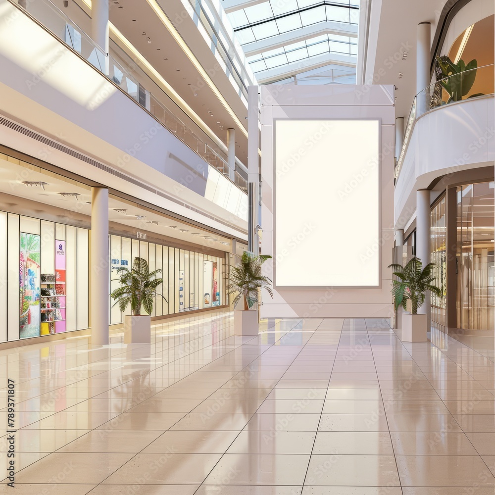 Fototapeta premium an image of a wall art mockup with a blank frame in a modern mall center, highlighting the contemporary and stylish atmosphere of the retail environment.