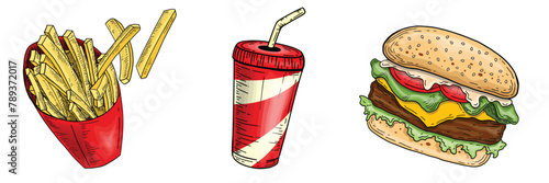 Vector Hand Drawn Burger and French Fries in Engraving Style Burger Sandwich with potatoes fries chips in a paper cup, soda drink cup Big burger sketch in retro style Hamburger Fast Food Illustration.