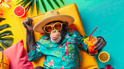 Chimp in Straw Hat and Sunglasses Relaxing on Sunlounger Enjoying A Fruity Drink