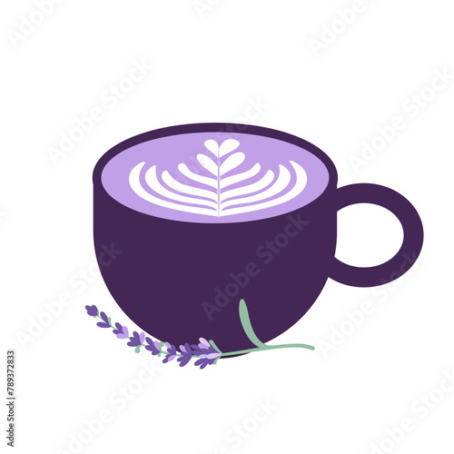A cup of lavender coffee with a sprig of lavender. Vector illustration