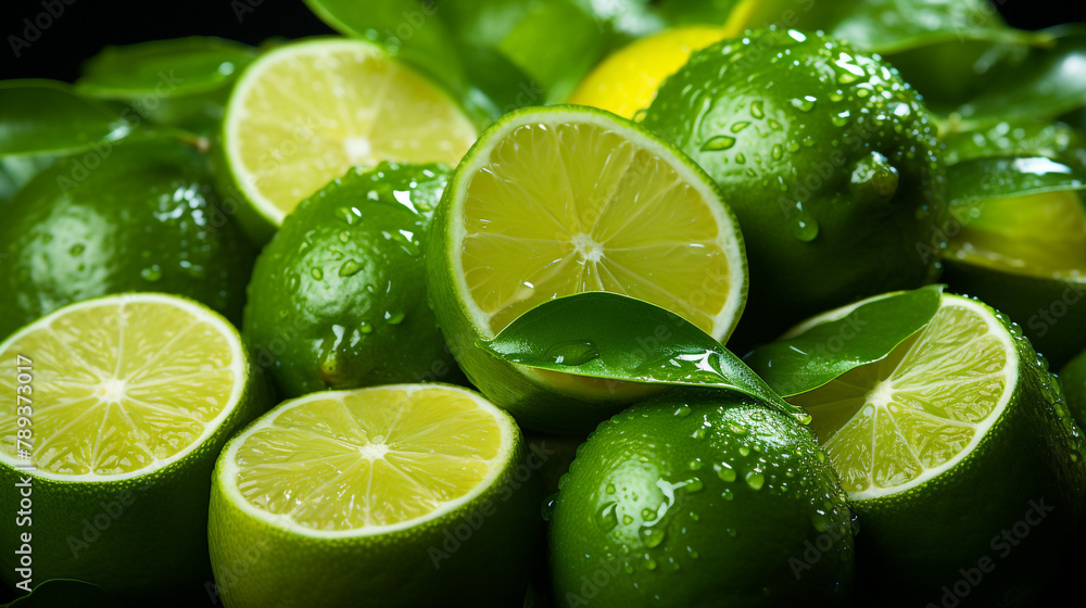 Slices of fresh juicy green lemons. Lime fruit cut texture. Citrus section pattern сreated with Generative Ai Slices of fresh juicy green lemons. Lime fruit cut texture. Citrus section pattern сreated with Generative Ai