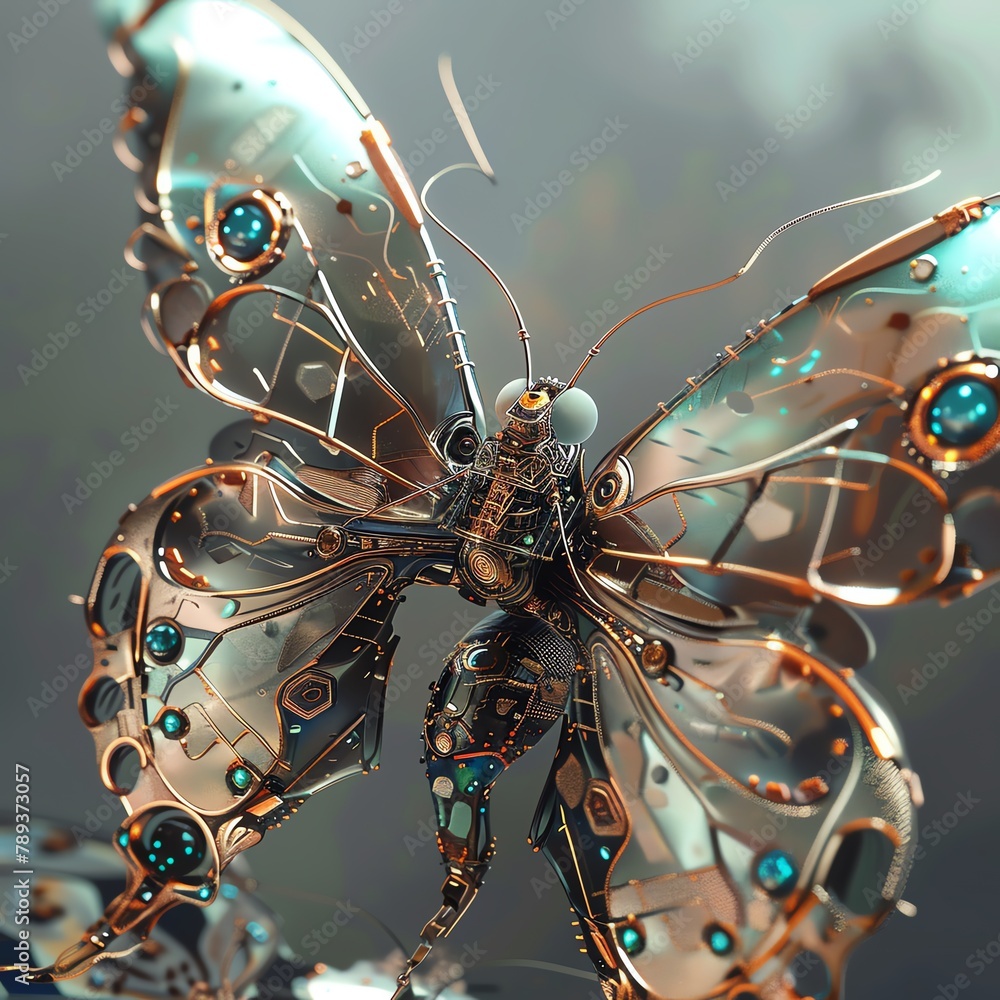 Capture the intricate details of a robotic butterflys metallic wings in a photorealistic digital rendering - obrazy, fototapety, plakaty 