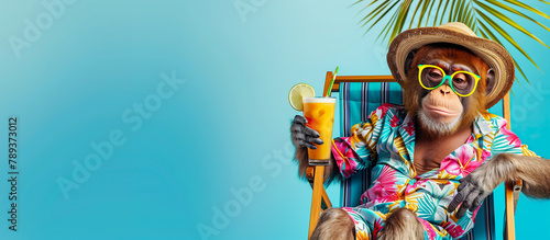 Chimp in Straw Hat and Sunglasses Relaxing on Sunlounger Enjoying Tropical Cocktail