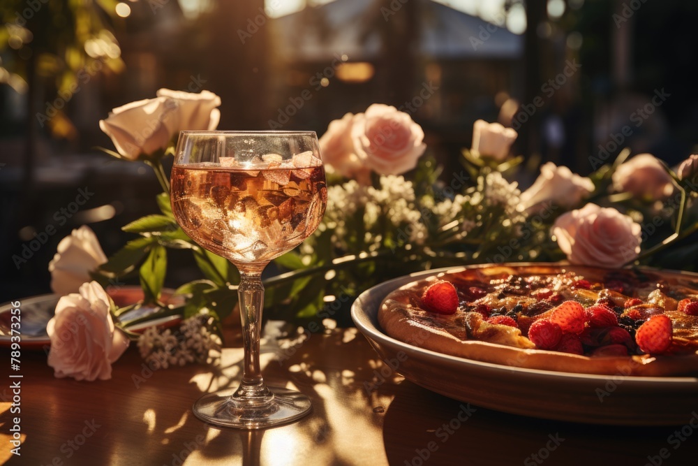Bellini in an outdoor brunch with tables decorated with fresh flowers., generative IA
