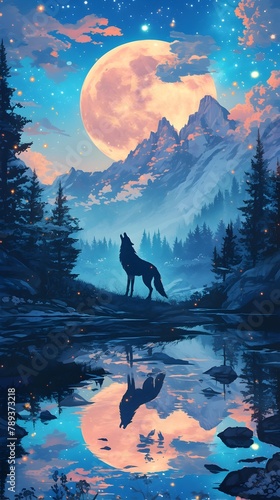A Lone Wolf Howls at the Full Moon Reflected in a Tranquil Mountain Lake at Night Surrounded by Majestic Pine Forests and Twinkling Stars