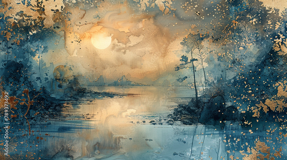 Serene watercolor washes sliding through a shimmering landscape of silver and bronze luminescence.  - obrazy, fototapety, plakaty 