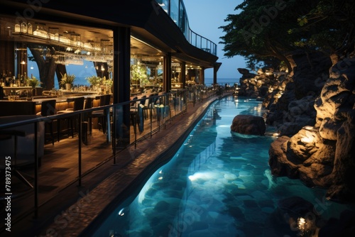 Blue Lagoon in a pool bar with sea view., generative IA