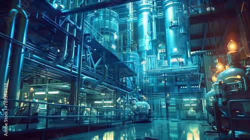 Intricate Towering Biotechnology Lab with Dramatic Low Angle 3D Rendering of Futuristic Industrial Factory Machinery and Pipes