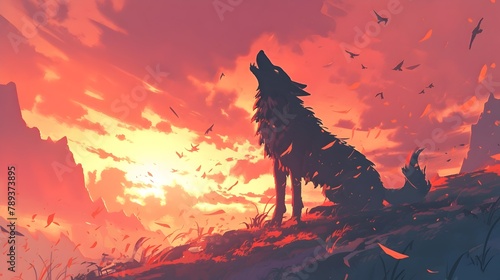 Lone Wolf s Sorrowful Howl Echoes Across the Fiery Sunset Mountains