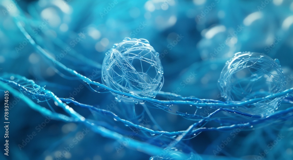 an image with blue textile yarns in closeup macro, with antibacterial symbols glowing inside