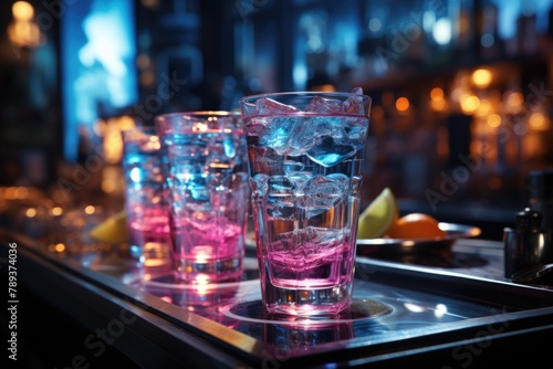 Blue cocktail in a modern bar with futuristic decoration and LED lighting., generative IA