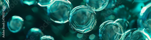 Blue textile yarns, close-up macro, antibacterial symbols glowing inside translucent bubbles, dark green background gradients