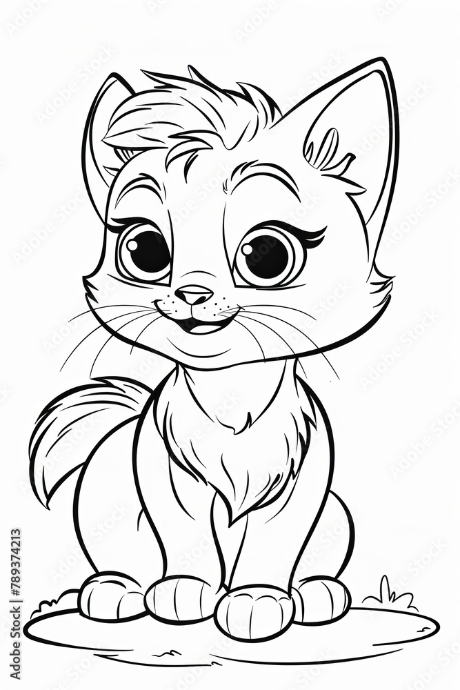Obraz premium an image of coloring pages for kids featuring a little cat in cartoon style with thick lines, low detail, black and white, and no shading, suitable for young children to color and enjoy.