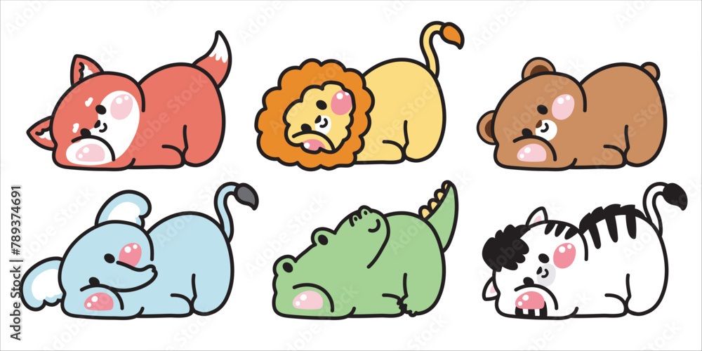 Obraz premium Set of cute animals lay down poses on white background.Relax.Art.Fox,lion,teddy bear,elephant,crocodile,zebra hand drawn.Kid graphic.Kawaii.Vector.Illustration.
