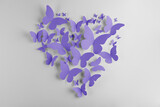 Heart made of violet blue paper butterflies on white wall