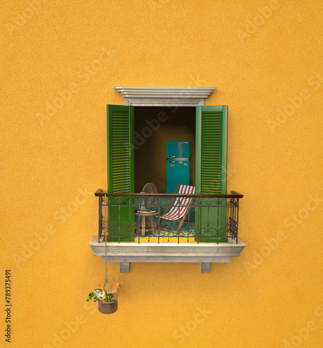 Front view of window with balcony, daily life. 3D rendering