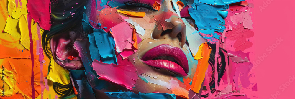 A bold painting showcasing the colorful features of a womans face, highlighting her expressions and details with bright hues and striking contrasts